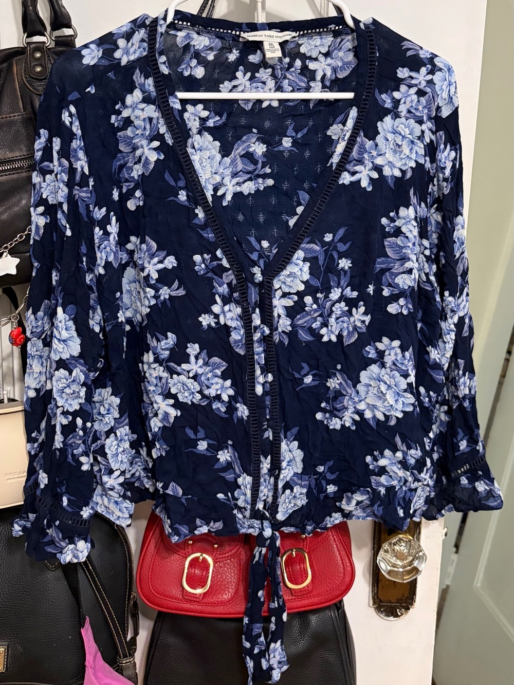 American Eagle Outfitters Navy Blue Floral Tie-Front Blouse